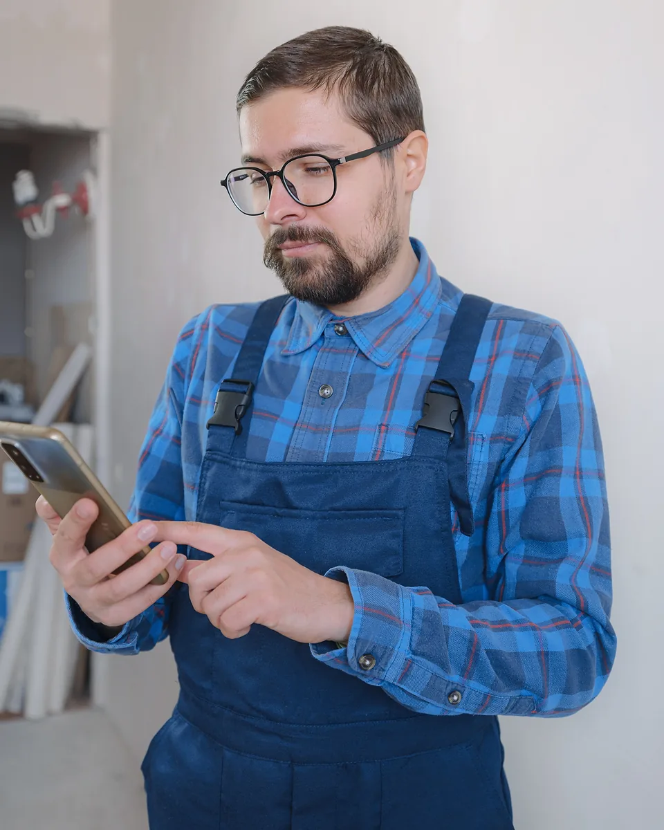 Bearded tradie in glasses, a blue checked shirt and navy overalls tapping on the phone in his hand