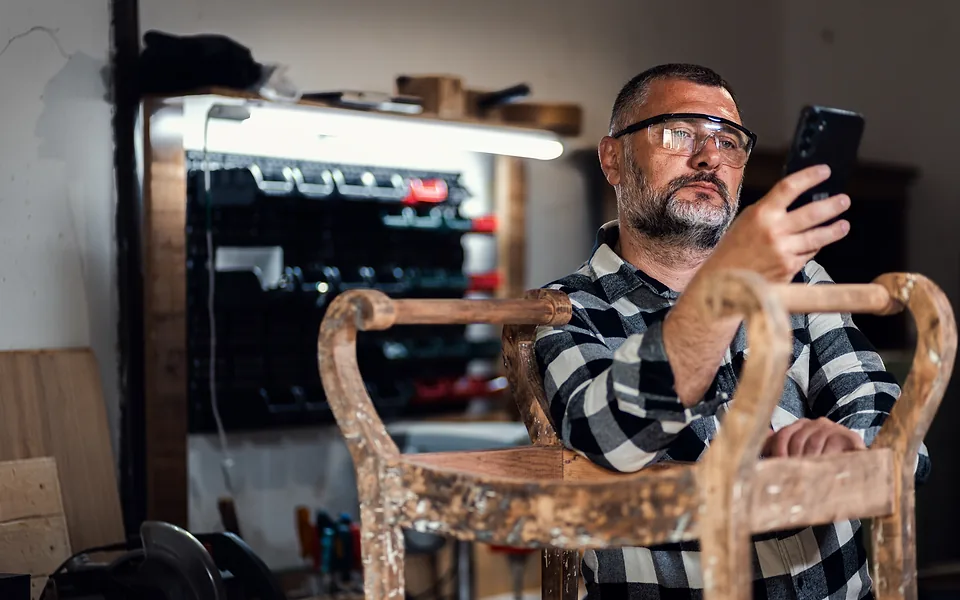 Tradie in safety glasses and a checked shirt holding a phone up beside a timber chair in a workshop