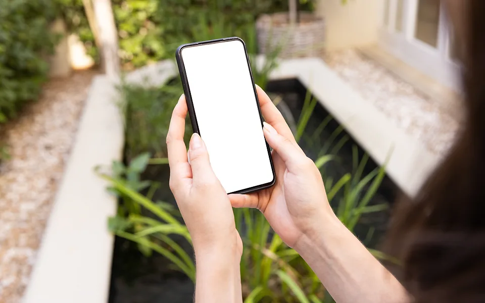 Two hands holding a phone with a blank white screen above a garden path outside a house