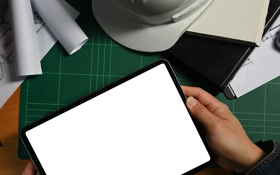 Hands holding a tablet with a blank white screen above a desk with rolled plans and a white hard hat