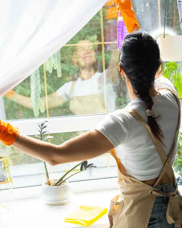 Cleaner in a tan apron and orange rubber gloves wiping a window from inside a bright room with pot plants