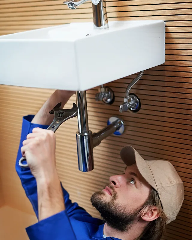 Under a wall-hung white basin, a bearded plumber in a cap tightens the chrome waste pipe with a wrench