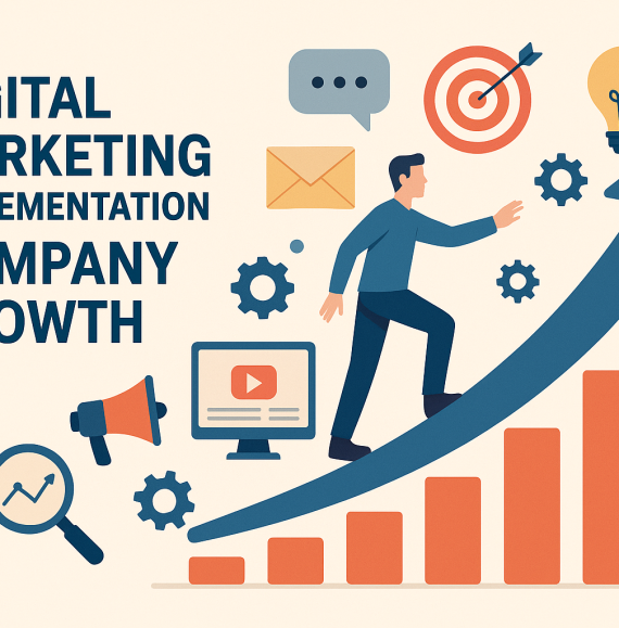Illustration of a businessman climbing an upward arrow with icons of SEO, email, video, social media, and analytics, symbolizing digital marketing implementation leading to company growth.