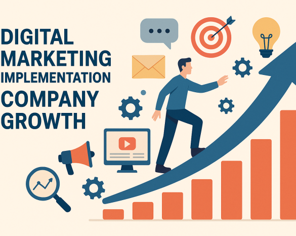 Illustration of a businessman climbing an upward arrow with icons of SEO, email, video, social media, and analytics, symbolizing digital marketing implementation leading to company growth.